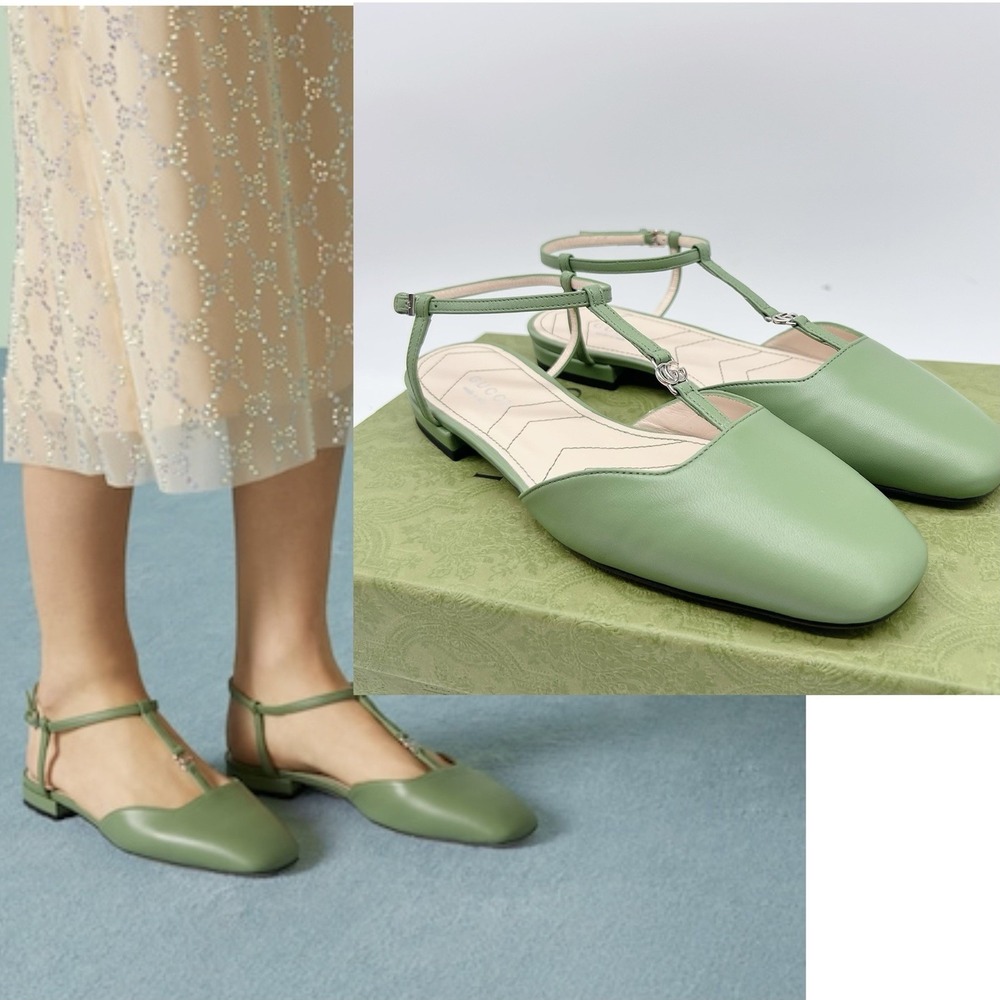 GUCCI Women Ballet Flat DOUBLE G INTERLOCKING LOGO Slingback Green Leather EU 36